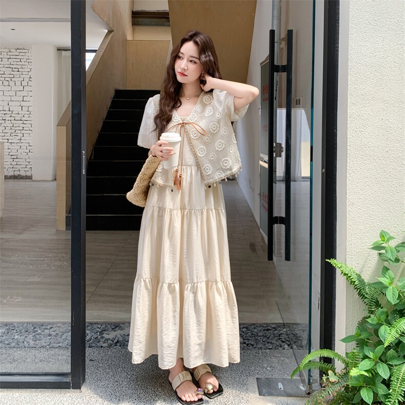 泡泡袖勾花开衫吊带连衣裙套装女夏季2025新款法式绝美长裙两件套,女装连衣裙,2C032