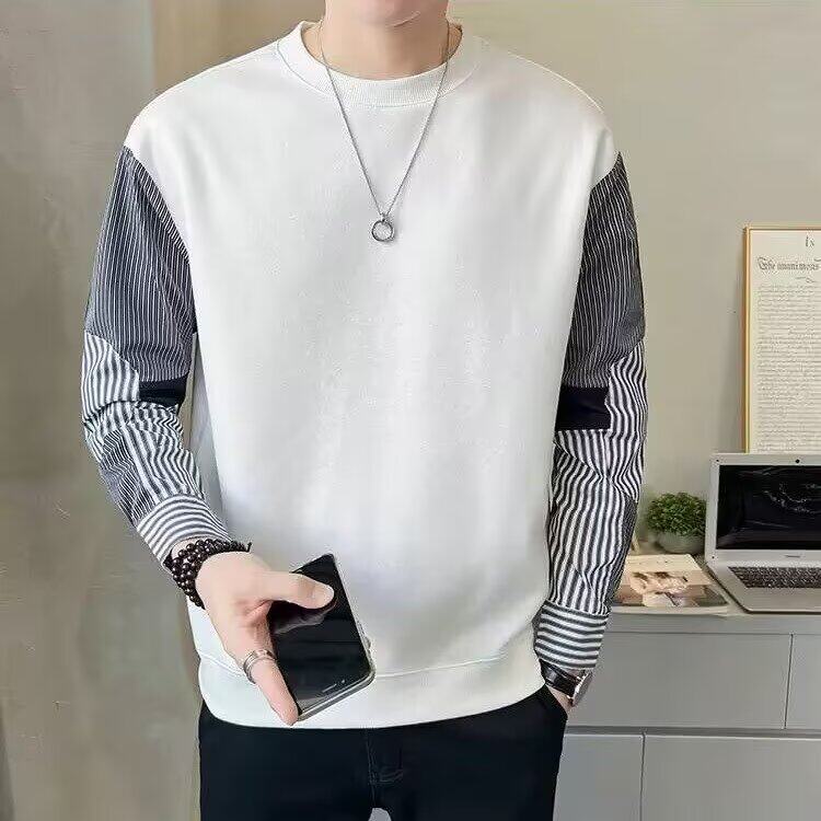 25港风拼接卫衣男春秋新款帅气圆领条纹衬衫袖上衣青年休闲打底衫,男装T恤,星座506A