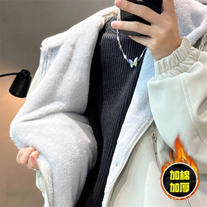 现货高品质美式高街重磅座山雕连帽pu皮棉衣男女加厚毛毛绒冬外套图片