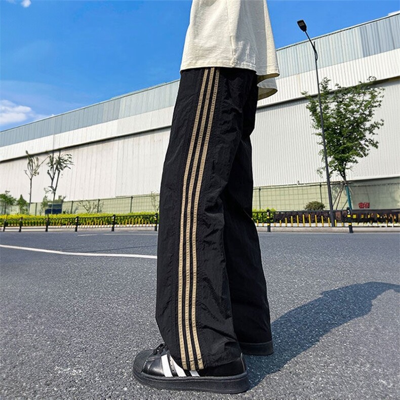 夏季美式复古三杠条纹速干裤薄款裤子男宽松大码港风休闲长裤，男装休闲裤，星座1210-1