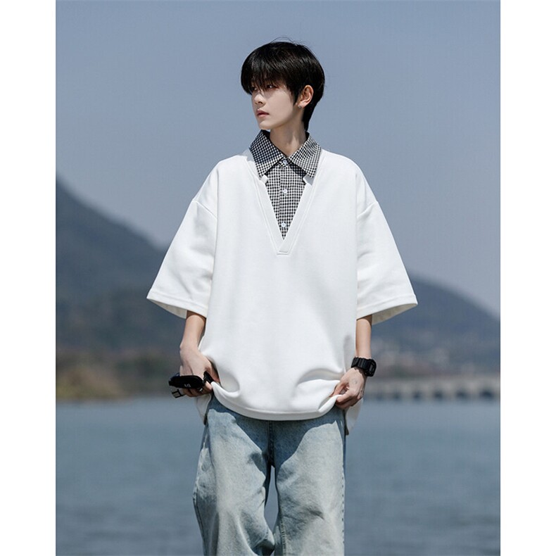 M-8XL假两件衬衫领短袖T恤大码格子拼接翻领半袖POLO衫DX1213/P48，男装Polo衫，电商B238