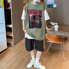 直播美式麂皮绒宽松背心无袖t恤短裤大码两件套套装TZ36-P58，男装T恤，电商A486