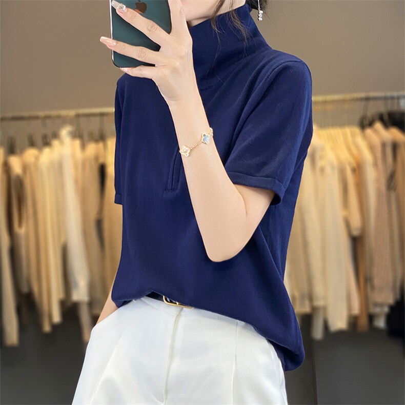 2025夏季拉链半开领短袖t恤女纯棉针织显瘦宽松气质翻领T恤上衣夏,女装T恤,丽特绒