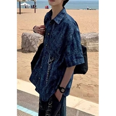 夏季薄款提花金属扣短袖衬衫新中式宽松翻领半袖上衣C4715，男装衬衫，星座1116A（原606A-3）