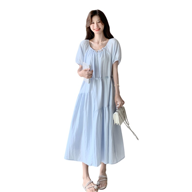 法式收腰浅蓝色连衣裙女夏2025新款独特漂亮绝美超好看高级感裙子,女装连衣裙,2C093