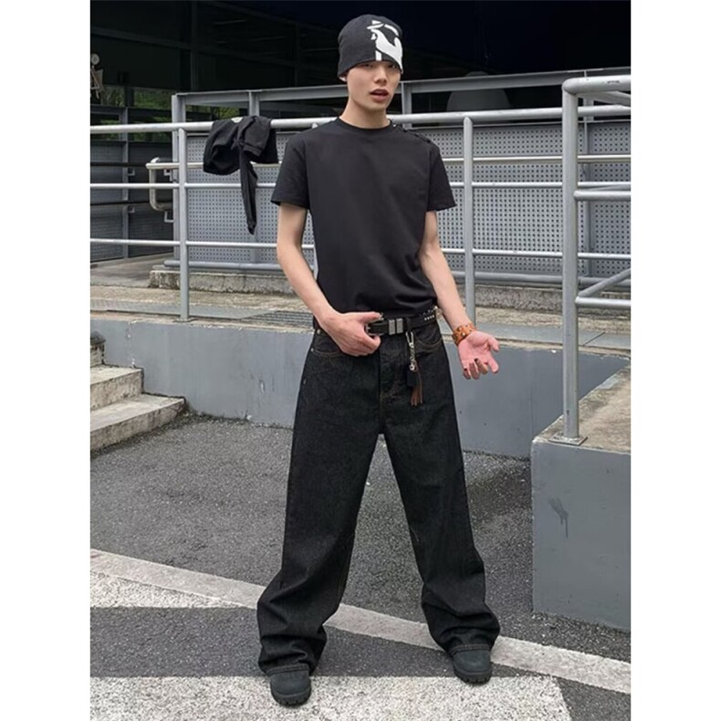 美式复古复古黑色牛仔裤男女美式工装裤子宽松阔腿高腰直筒裤,男装牛仔裤,四季星座505