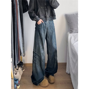 美式复古抓痕脏洗牛仔裤潮牌炸街痞帅宽松显瘦直筒阔腿拖地裤子图片