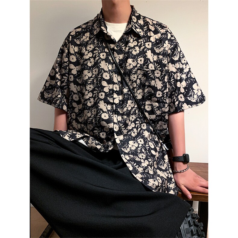 复古碎花翻领沙滩衬衫高街美式撞色上衣潮男DX101-特P30限价48,男装衬衫,电商A178