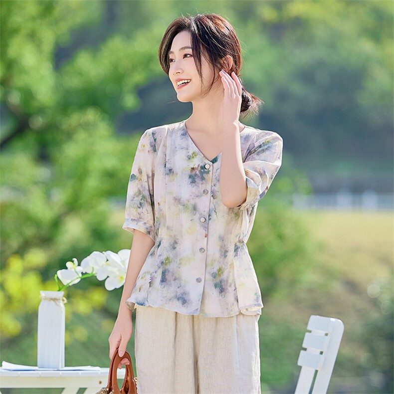 2026年夏季女短袖薄苎麻文艺风,女装衬衫,江南依恋