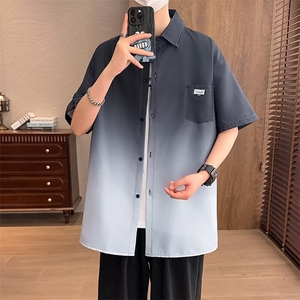 渐变短袖衬衫男夏季薄款宽松大码休闲五分袖衬衣美式高街潮牌外套图片