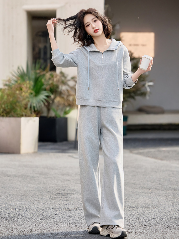 蓝色套装连帽卫衣女春装新款时尚潮流两件套直筒修身宽松休闲裤子,女装卫衣/绒衫,梦懿尔