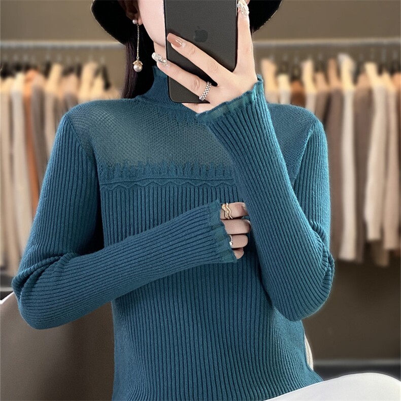 时尚欧根纱拼接针织衫修身显瘦长袖毛衣优雅气质女装上衣,针织衫/毛衣,暖姿羊绒