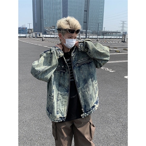 美式复古做旧水洗拼接牛仔外套潮牌金属设计感夹克男J8200-p78图片
