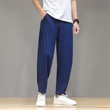 亚麻休闲裤中国风大码男装棉麻直筒垂感阔腿裤QT6008-1-K031-1P65，男装休闲裤，电商A008