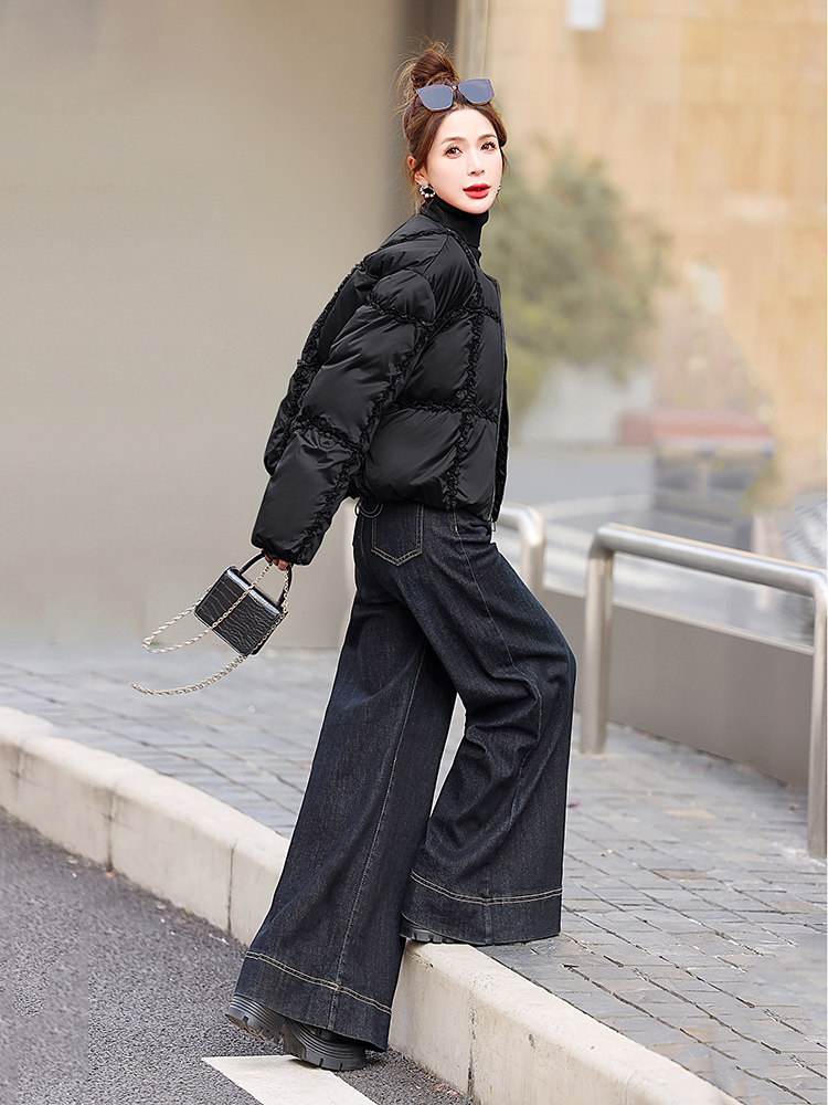 超好看圆领木耳花边短款羽绒服女2025冬季小个子白鸭绒面包服外套,女装羽绒服,歌伊格美