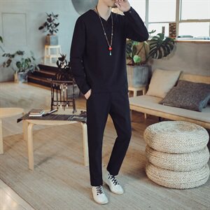 DY28*2021春秋季季男士棉麻长袖T恤中国风两件套装男 灰蓝色 *P75图片