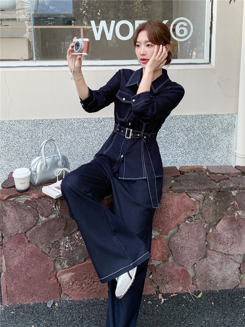 （新款现货）2026春装时尚天丝牛仔阔腿裤套装两件套（配腰带）,女装套装/套裙,印象茜