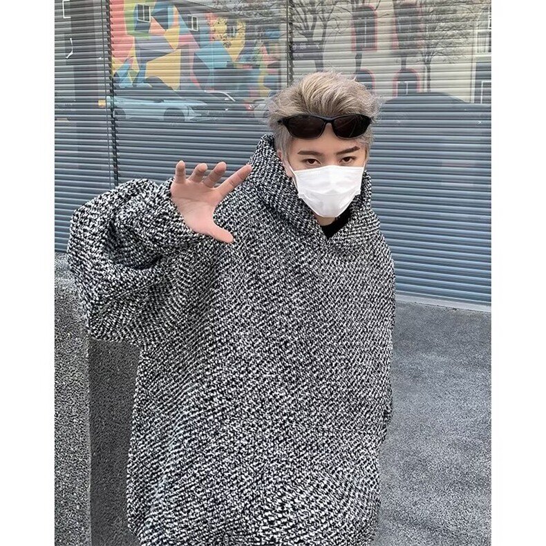 小香风连帽卫衣男2024冬粗花呢宽松长袖上衣WB365-常规45-加绒55,男装卫衣,星座412-2