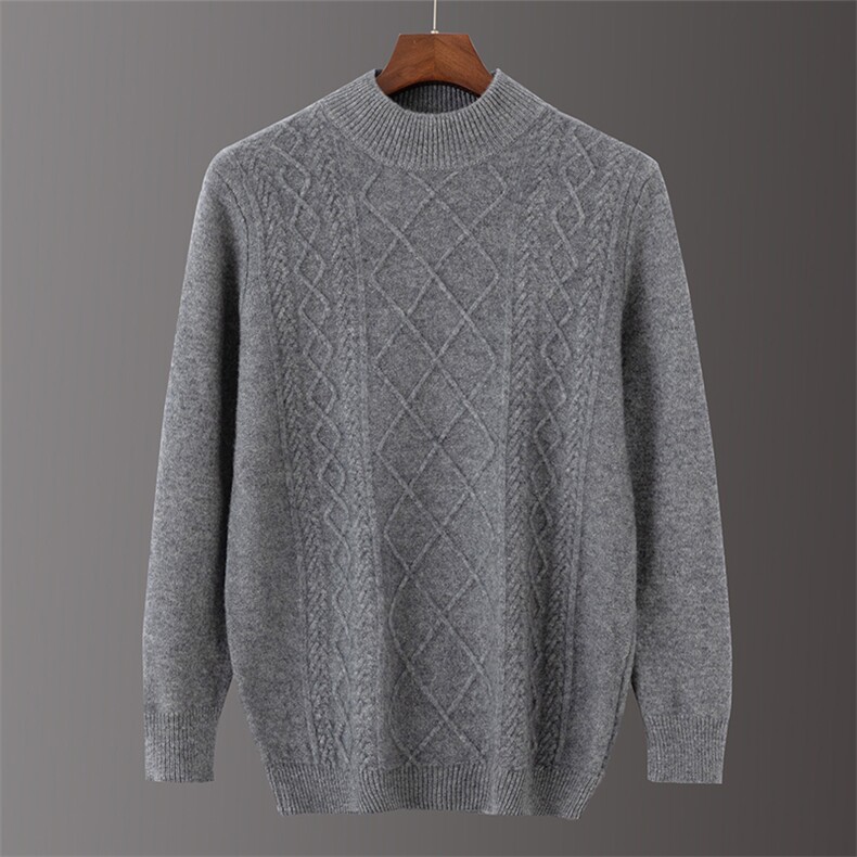 2024秋冬新款羊毛男士半高领加厚菱形绞花羊毛衫男装，男装羊毛衫，国旺羊绒