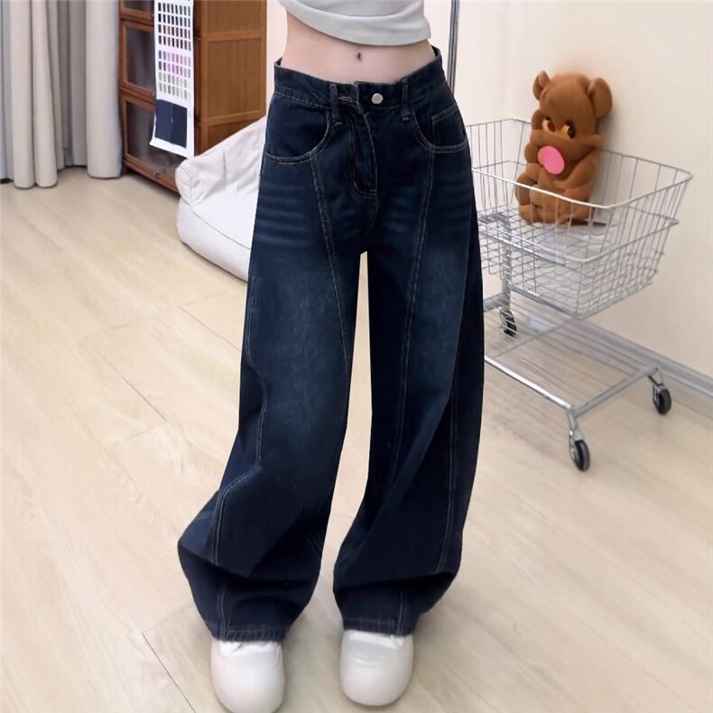 小个子美式设计刺绣复古弯刀阔腿牛仔裤女宽松新款显瘦拖地长裤子,男装牛仔裤,星座1210-1