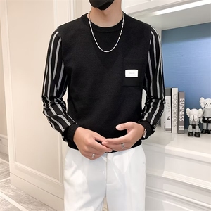拼接假两件圆领针织毛衣线衣保暖舒适休闲撞色条纹毛衣男 M878图片
