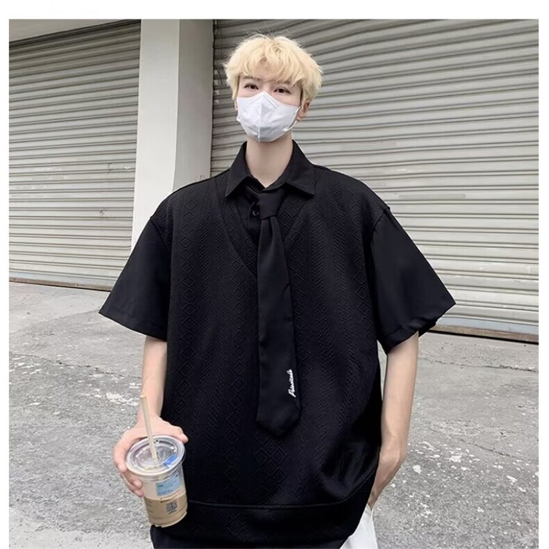 配领带假两件衬衫男士短袖韩版潮流夏季2024新款ins外套CY752-P39图片