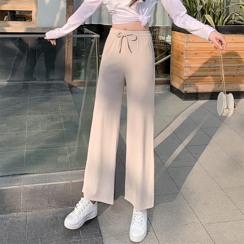 针织阔腿裤女垂感2021春季高腰显瘦宽松直筒坠感休闲拖地裤,女装连体裤,潮品会