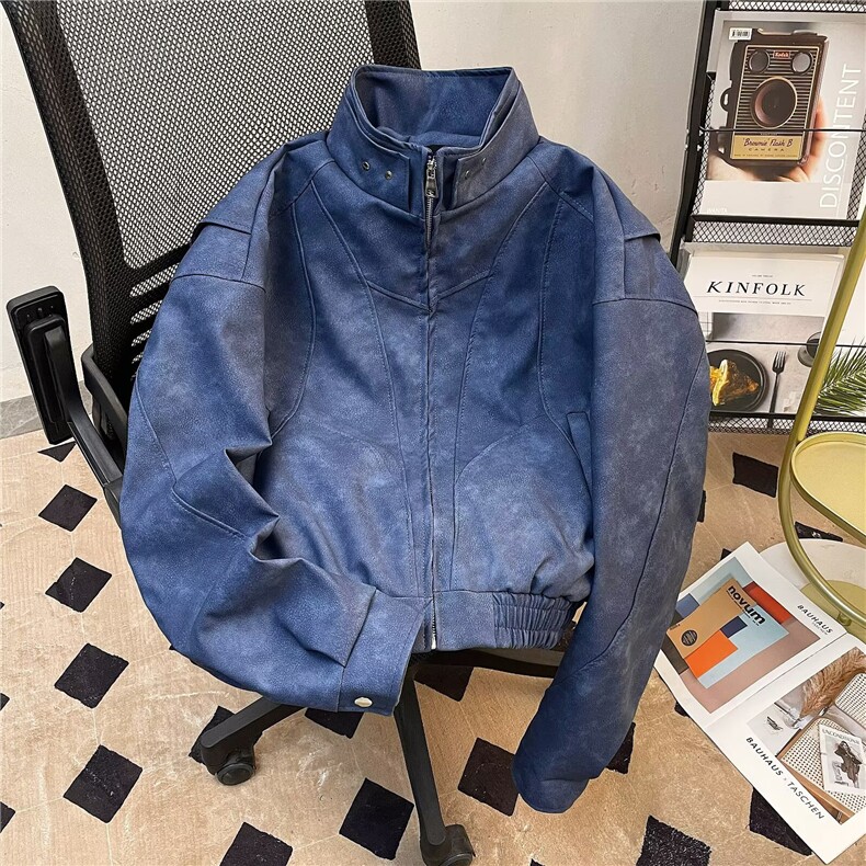 纯色立领外套男女春秋新款潮牌宽松情侣休闲皮衣夹克2820P78,男装皮衣,星座410-2