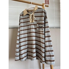 W9494-P45网图现货美式高街撞色条纹设计感宽松POLO长袖T恤衫，男装T恤，星座1608-2