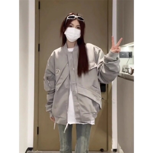 美式复古不规则拼接工装外套男春秋季宽松休闲高级感飞行员夹克图片