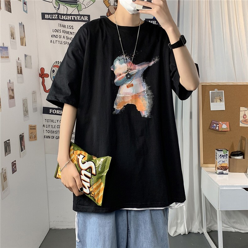 2021港风圆领青春休闲大码运动日系原宿潮流男士短袖宽松7933F25,男装T恤,星座227-7