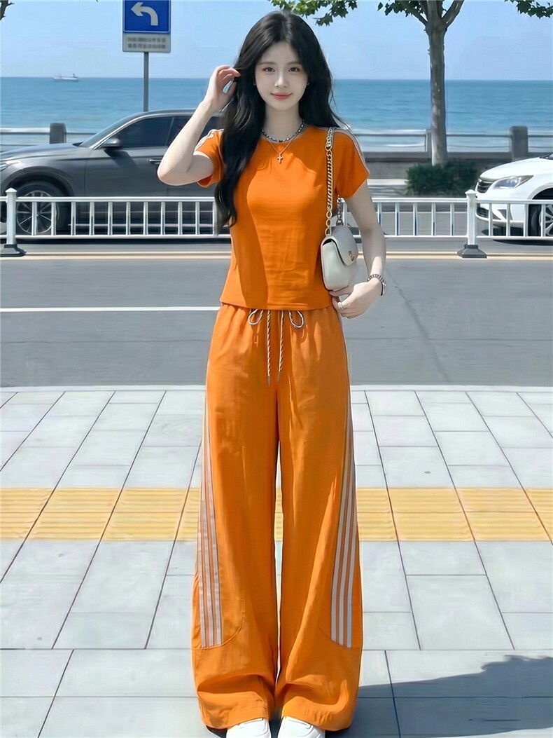 港风炸街休闲运动套装女夏洋气显瘦修身圆领短袖上衣长裤两件套潮,女装套装/套裙,江南