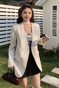 欧洲站2025春季新款时尚百搭V领蕾丝飘带西装外套女上衣图片
