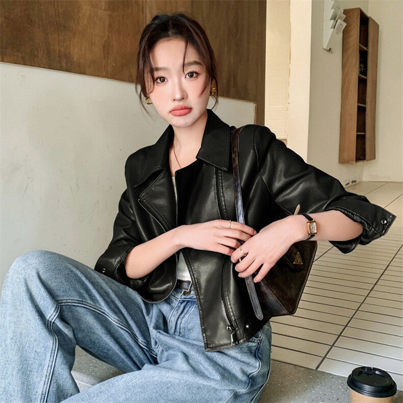 韩系穿搭chic超好看黑色皮衣外套女春秋季小个子高级感短款皮夹克,女装皮衣,欣美人
