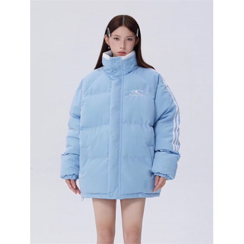 潮原创美式条纹立领棉服面包服男女情侣宽松冬季加厚外套图片