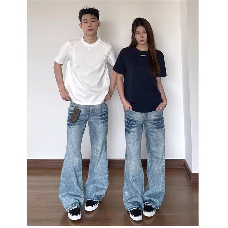 闪电纹冰蓝色牛仔裤男款美式微喇情侣裤子cleanfit修身显瘦直筒裤,男装牛仔裤,星座603-2