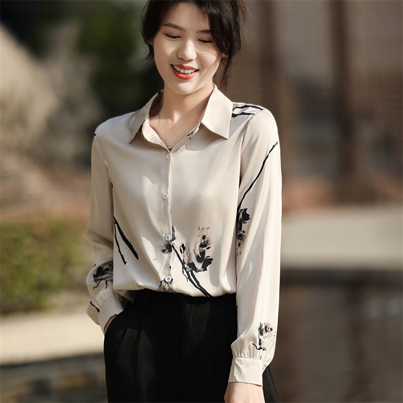 真丝短袖女七分袖25新款夏季高端气质印花宽松小衫桑蚕丝T恤上衣,女装衬衫,朝贺羊绒