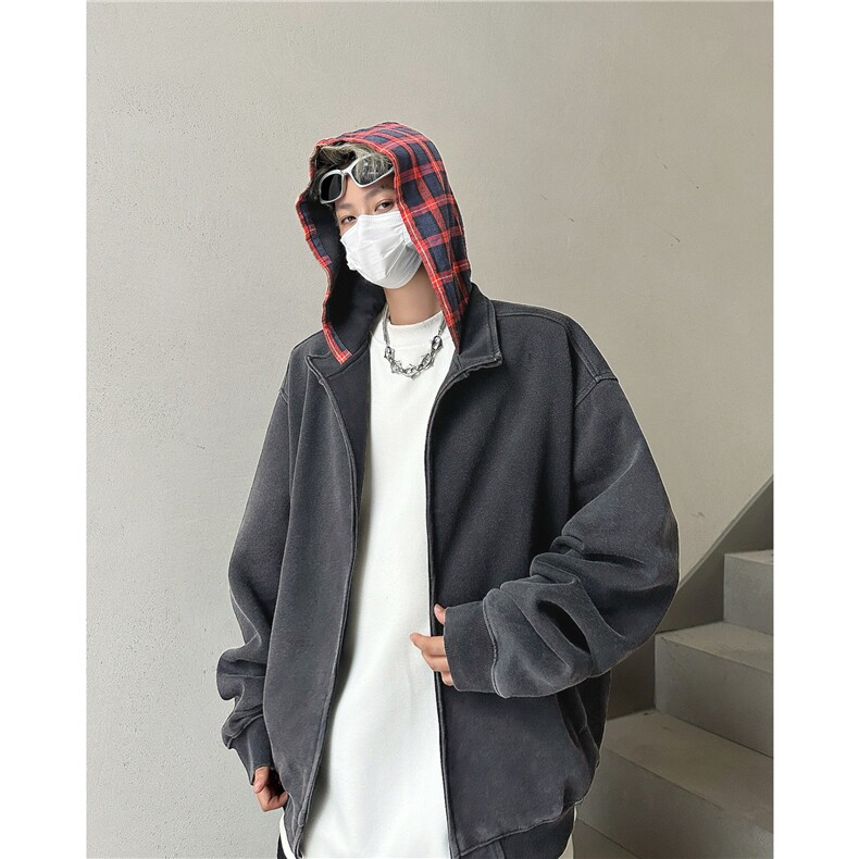 2025秋男女款复古假两件开衫格子拼接连帽卫衣外套WY808，女装短外套，星座1108