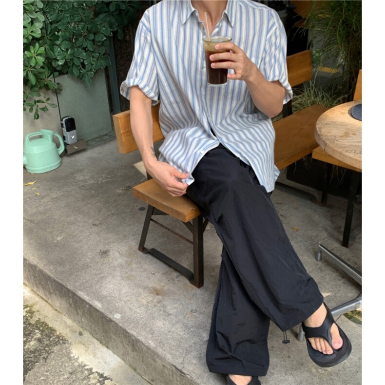2025新款韩版潮流男士衬衣轻熟风时尚条纹短袖衬衫905P45,男装衬衫,星座710