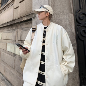 美式潮牌PU皮拼接毛呢棒球服外套男高级感炸街痞帅春季夹克图片