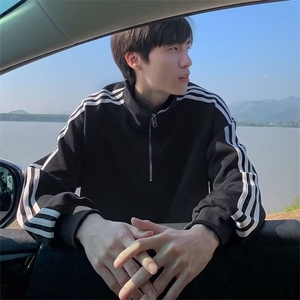 秋季380克全棉宽松条纹拉链套头卫衣立领POLO衫外套AH914-P42图片