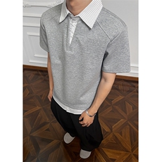 XZ1006A-HXD227-批48-条纹假两件拼接polo衫短袖T恤正肩短款上衣，男装T恤，星座1005-1