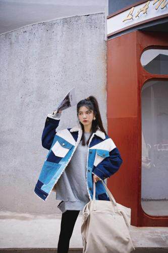 拼接撞色牛仔羊羔毛外套，女装，YOUER DENG