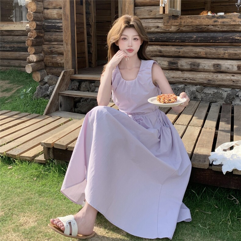 紫色温柔风别致漂亮连衣裙女2025夏季新款海岛度假收腰无袖A字裙,女装连衣裙,2D078