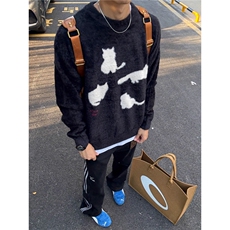 美式高街猫咪提花猫柚男女秋冬新款情侣款宽松慵懒风软糯针织衫潮，男装针织衫/毛衣，星座506A