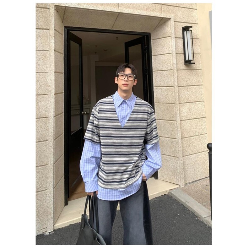 秋季新品拼接设计感条纹衬衫男装宽松高级感长袖,男装衬衫,星座506A