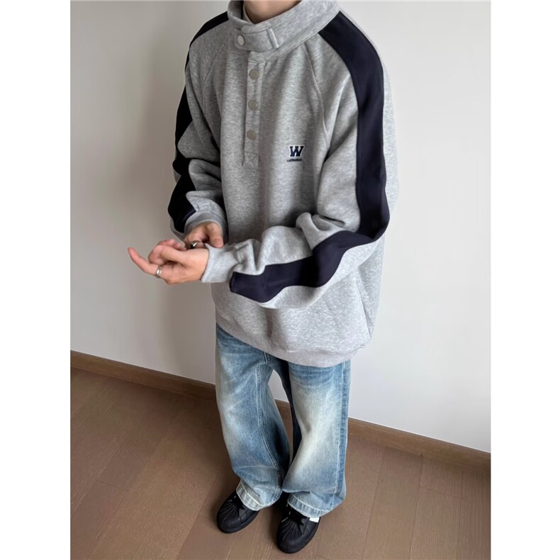 春秋日系复古拼接立领休闲卫衣男女生宽松套头工装外套情侣装上衣，男装工装外套，星座506A