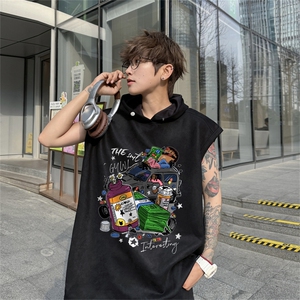 美式连帽背心男潮ins夏季青少年印花马甲宽松休闲砍袖坎肩无袖t恤图片