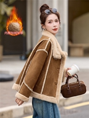 皮毛一体外套女2025冬季新款休闲百搭韩系显瘦加厚保暖羊羔毛外套，女装羊羔毛/颗粒绒，拾衣
