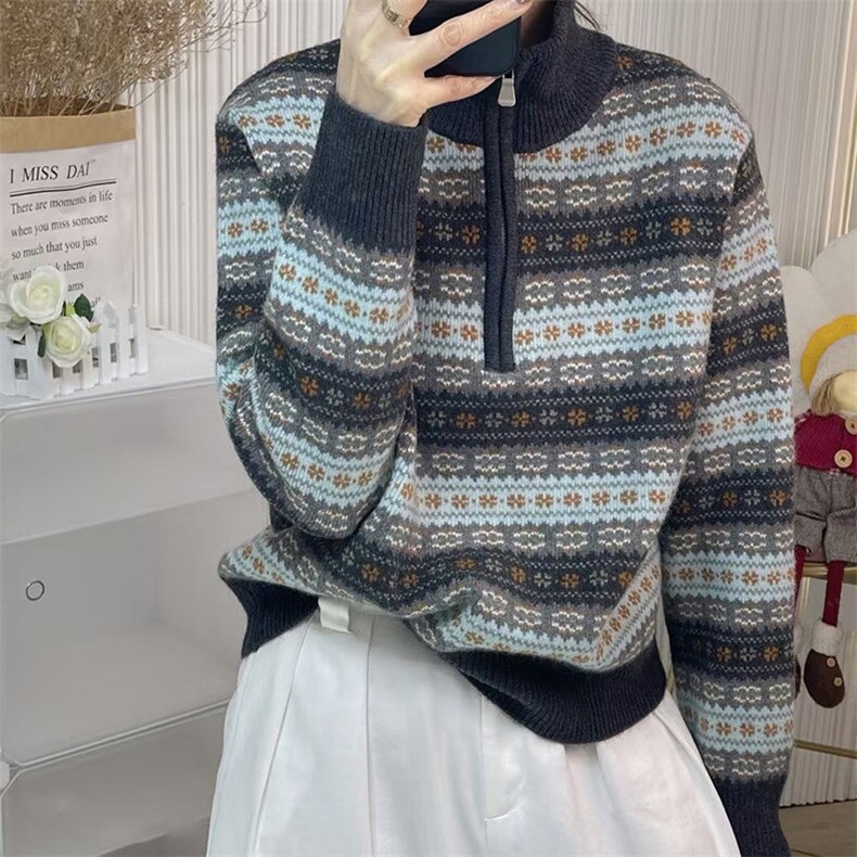 2025年秋季时尚百搭休闲费尔岛加厚半拉链，女装羊毛衫，新胜羊绒
